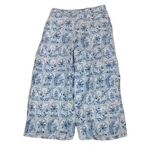 C & C California Pants Women ‎ Linen Blue Wide Cropped Tropical Sea Beach Sz L